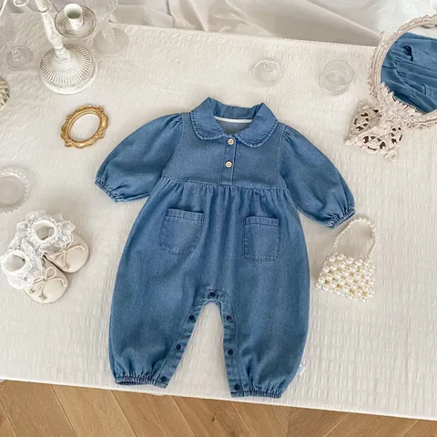 Baby Cotton Denim Romper Long Sleeve Peter Pan Collar Jumpsuit For Infant Toddler Boys Girls Casual One Piece Outfits