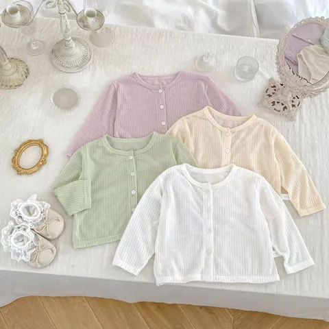 Baby Meisjes Zonbescherming Vest Effen Kleur Ronde Hals Lichtgewicht Ademend Geribbeld Gebreid Dun Jasje Bovenkleding
