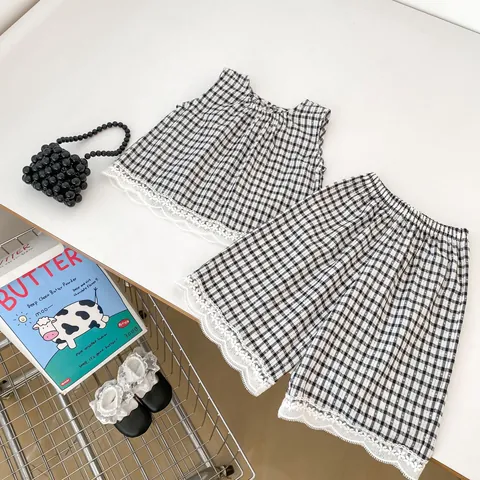 Toddler Baby Girl Plaid Sleeveless Top And Wide Leg Pants Set Cotton Gingham Outfit With Lace Trim Summer Clothes