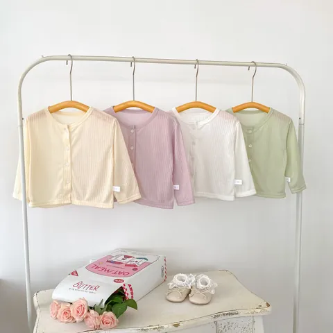 Baby Meisjes Zonbescherming Vest Effen Kleur Ronde Hals Lichtgewicht Ademend Geribbeld Gebreid Dun Jasje Bovenkleding