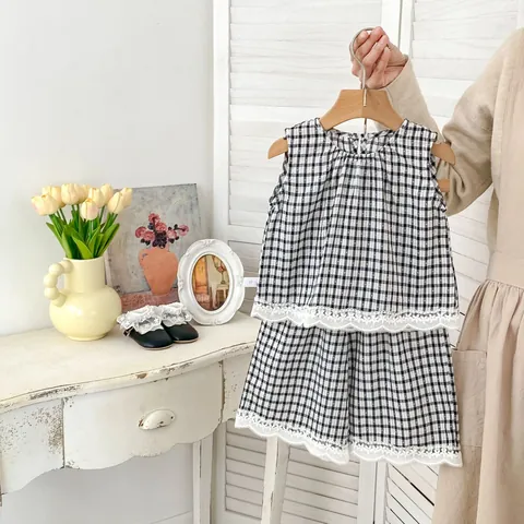 Toddler Baby Girl Plaid Sleeveless Top And Wide Leg Pants Set Cotton Gingham Outfit With Lace Trim Summer Clothes