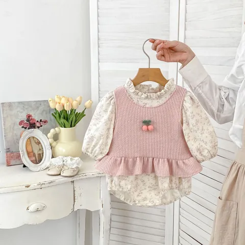 Baby Girl Floral Bodysuit And Pink Vest With Cherry Decoration Ruffle Long Sleeve Cotton Romper Toddler Clothes
