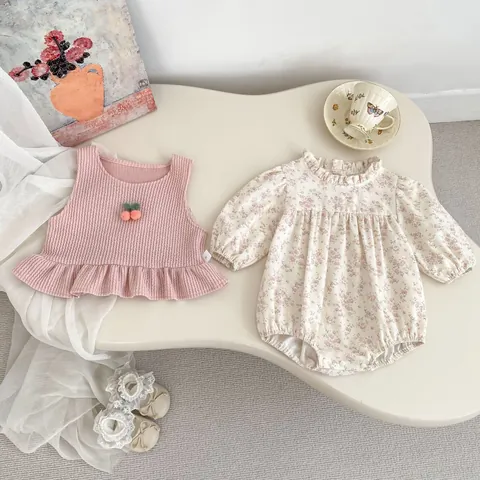 Baby Girl Floral Bodysuit And Pink Vest With Cherry Decoration Ruffle Long Sleeve Cotton Romper Toddler Clothes