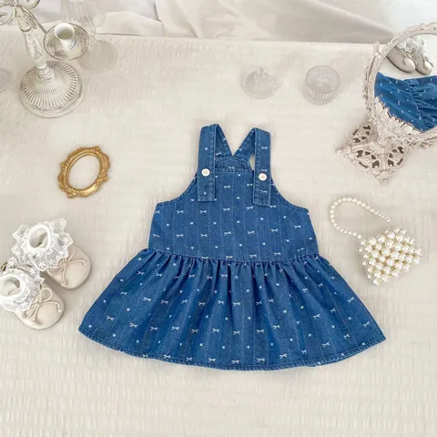 Vestido de Tirantes de Mezclilla para Niñas Y Top de Camisa de Manga Larga Azul Jean Jumper Falda Conjunto Bordado Cereza Lazo Corazón