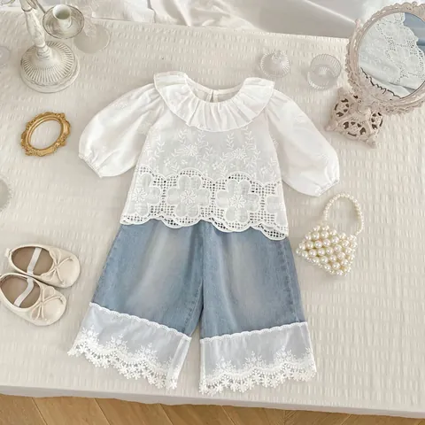 Girls Fashion Two Piece Set Floral Embroidery Ruffle Shirt And Lace Denim Wide Leg Pants Sweet Toddler Kids Clothing Suit