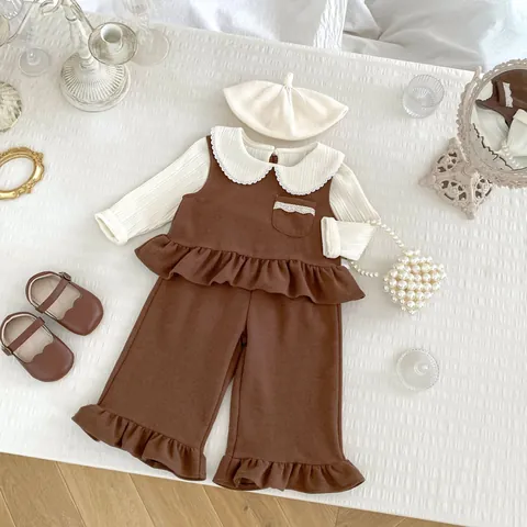 Toddler Girls Sweet Ruffle Hem Knit Vest Top Long Sleeve Peter Pan Collar Shirt And Trousers Cotton Blend Fall Outfit Set