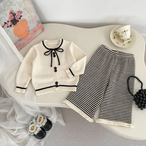 Peuter Meisjes Gebreid Vest En Uitlopende Broek Outfit Katoen Ronde Hals Strik Lange Mouw Contrastkleur Gebreide Kleding Herfst