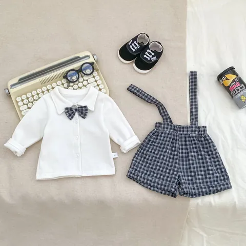 British Style Baby Boy Clothing Set Long Sleeve White Shirt With Bow Tie And Plaid Suspender Shorts Gentleman Outfit