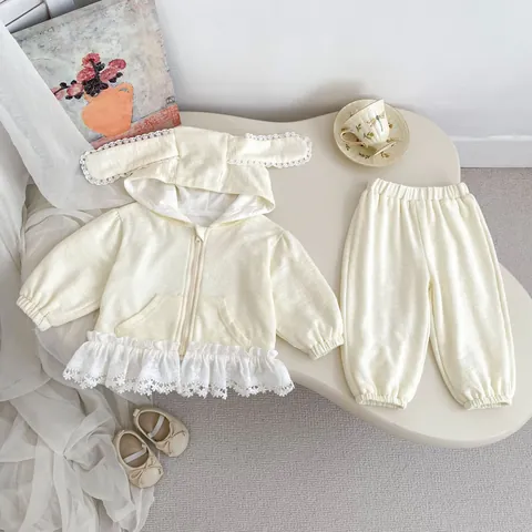 Ensemble de Vêtements Filles Oreilles de Lapin Cardigan à Capuche Et Pantalon Bordure en Dentelle Coton Printemps Automne