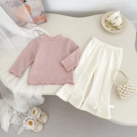 Baby Girls Long Sleeve Knit Jacquard Top And Flare Pants Outfit Cotton Blend Ruffle Lettuce Edge Bow Knot Casual Clothes