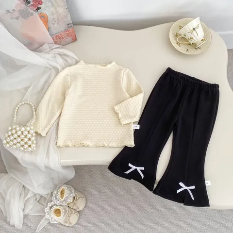 Baby Girls Long Sleeve Knit Jacquard Top And Flare Pants Outfit Cotton Blend Ruffle Lettuce Edge Bow Knot Casual Clothes