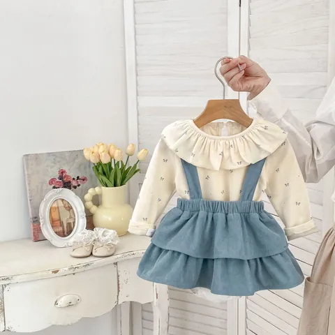Baby Girl Autumn Clothing With Ruffle Collar Long Sleeve Floral Bow Print Top And Corduroy Suspender Pants Sweet Outfit