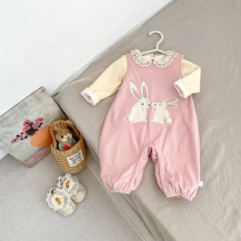 Infant Girl Romper Thickened Fleece Jumpsuit With Rabbit Embroidery Plus Base Shirt Long Sleeve Autumn Winter Warm Outfit
