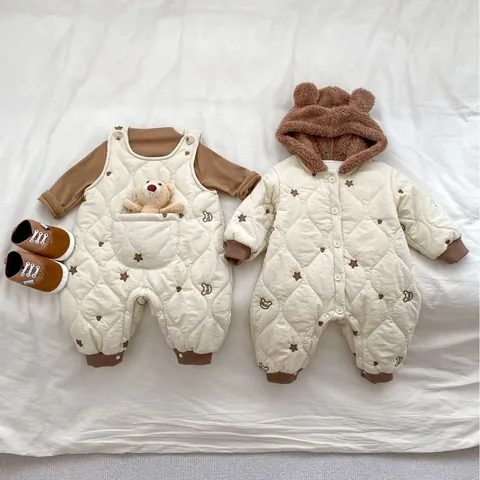 Baby Quilted Romper Thick Winter Warm Fleece Lined Jumpsuit With Bear Star Embroidery Korean Style Infant Bodysuit For Boys Girls
