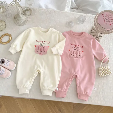 Schattig Geborduurd Baby Kruippakje Lange Mouw Katoen 3D Appliqué Konijn Hart Patroon Pasgeboren Herfst Jumpsuit