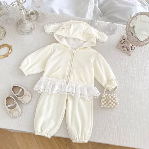 Ensemble de Vêtements Filles Oreilles de Lapin Cardigan à Capuche Et Pantalon Bordure en Dentelle Coton Printemps Automne