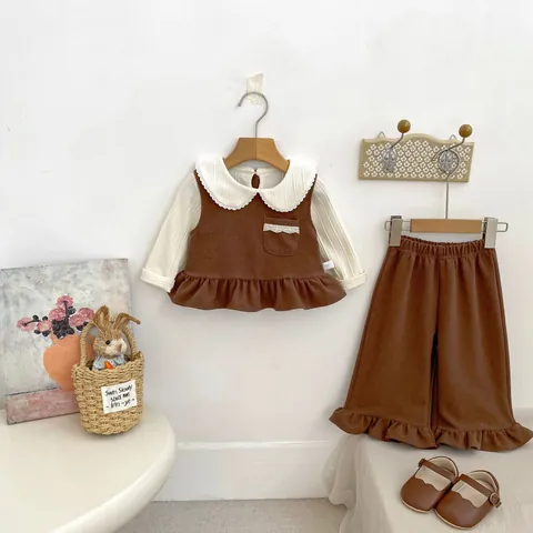 Toddler Girls Sweet Ruffle Hem Knit Vest Top Long Sleeve Peter Pan Collar Shirt And Trousers Cotton Blend Fall Outfit Set