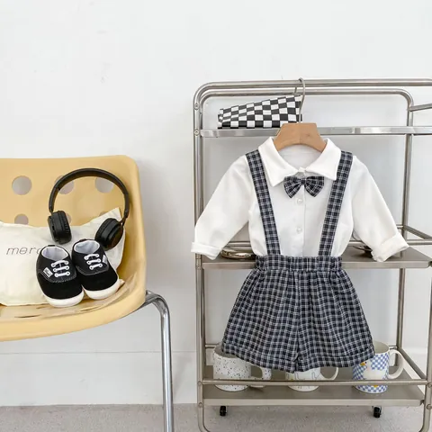 British Style Baby Boy Clothing Set Long Sleeve White Shirt With Bow Tie And Plaid Suspender Shorts Gentleman Outfit