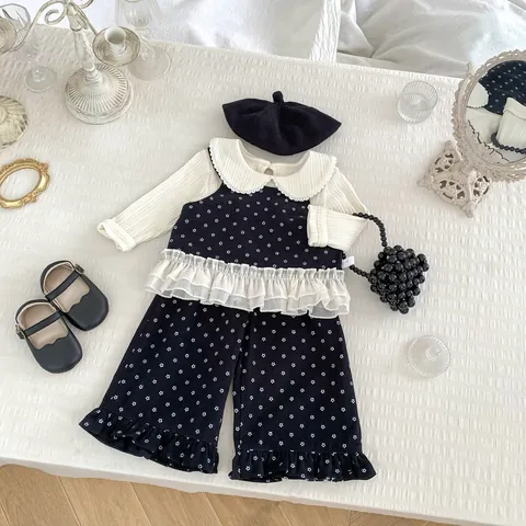 Toddler Girls Floral Vest Pants And Lace Ribbed Base Shirt Spring Autumn Casual Outfit For Kids Clothes