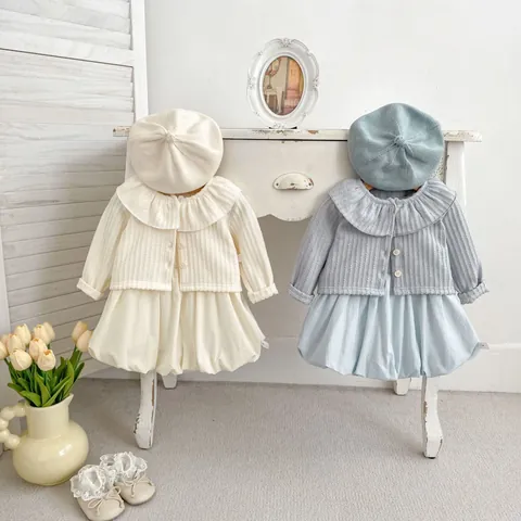 Baby Girls Clothing Set Knitted Cardigan Romper Bodysuit Peter Pan Collar Long Sleeve Ruffled Outfit Spring Autumn Two Piece