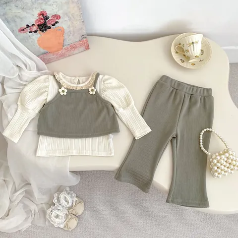 Girls Sweet Floral Ribbed Knit Lace Collar Long Sleeve Base Shirt With Flowers Vest And Flared Pants Spring Autumn Outfit