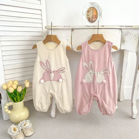 Infant Girl Romper Thickened Fleece Jumpsuit With Rabbit Embroidery Plus Base Shirt Long Sleeve Autumn Winter Warm Outfit