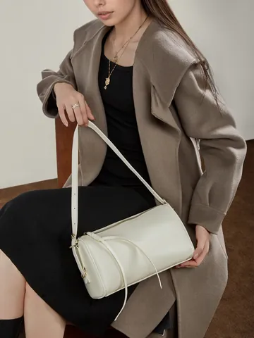Borsa a Spalla Cilindrica in Vera Pelle Grande Capacità Pelle di Vacchetta a Concia Vegetale Borsa a Tracolla a Cuscino per Donna Moda Pendolare