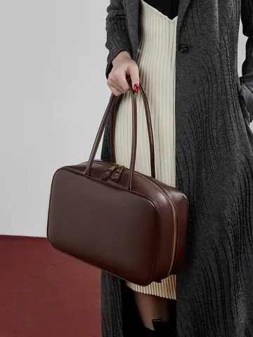 Bolso Boston de Cuero Genuino para Mujer Gran Capacidad Vintage Bowling Bolso de Mano Minimalista Cuero de Vaca Hombro