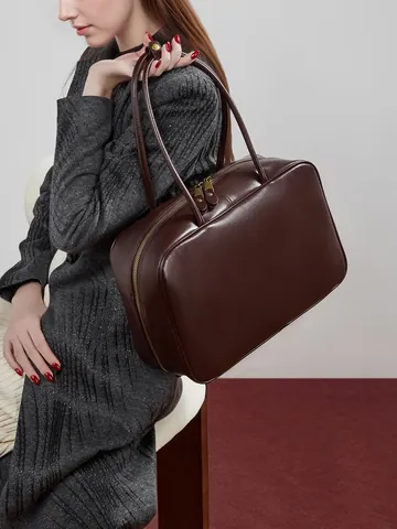 Bolso Boston de Cuero Genuino para Mujer Gran Capacidad Vintage Bowling Bolso de Mano Minimalista Cuero de Vaca Hombro