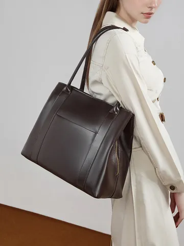 Borsa Tote da Donna in Pelle di Vacchetta Primo Fiore di Grande Capacità Tinta Unita Viaggio Casuale Borsa a Tracolla Versatile