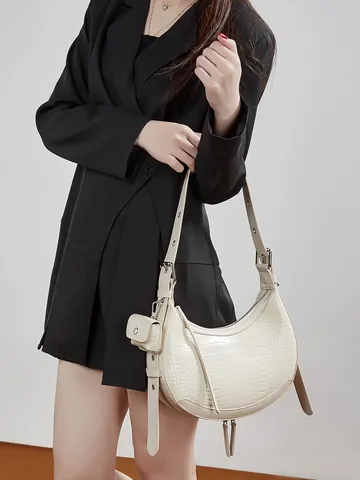 Genuine Leather Crocodile Embossed Crescent Shoulder Bag For Women Vintage Half Moon Underarm Bag With Mini Pouch Charm