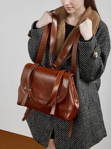 Zaino da Donna in Vera Pelle Pelle Cerata Grande Capacità Borsa da Viaggio Retro Minimalista con Patta per Pendolarismo Lavoro