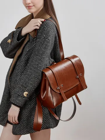 Zaino da Donna in Vera Pelle Pelle Cerata Grande Capacità Borsa da Viaggio Retro Minimalista con Patta per Pendolarismo Lavoro