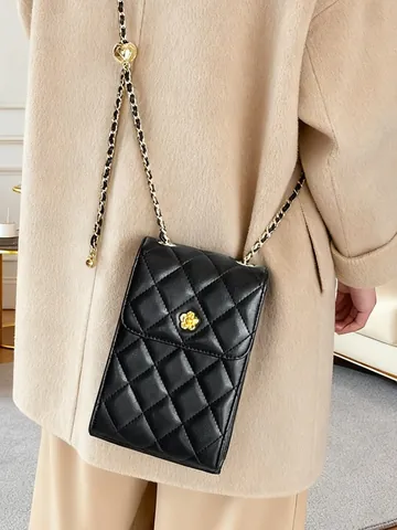 Damen Echtleder Gesteppte Handytasche Kamelienblüte Metallschnalle Kette Verstellbare Kugel Mini Umhängetasche Schultertasche