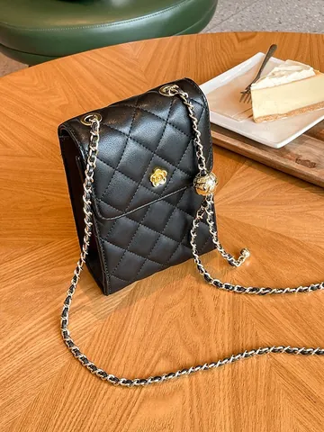 Damen Echtleder Gesteppte Handytasche Kamelienblüte Metallschnalle Kette Verstellbare Kugel Mini Umhängetasche Schultertasche