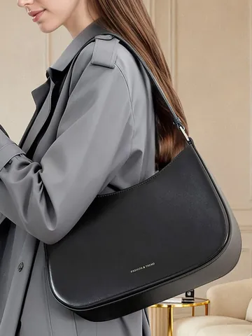 Women Genuine Leather Hobo Shoulder Bag Minimalist Solid Color Underarm Bag With Gold Lettering Fashion Commuting Handbag