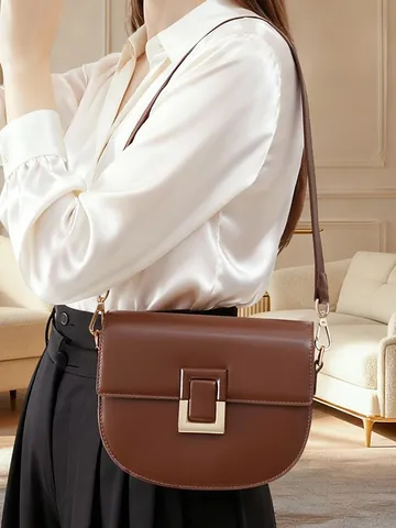 Women's Genuine Leather Saddle Crossbody Bag Luxury Cowhide Shoulder Bag With Square Metal Lock Retro Fashion Satchel For Ladies