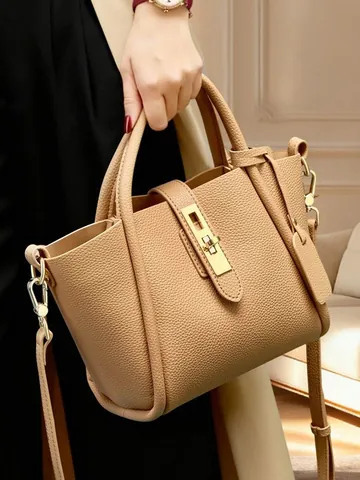 Bolso Bombonera de Cuero Auténtico para Mujer Patrón de Lichi Bolso de Hombro Con Cierre de Metal Dorado Bolso Tote Retro