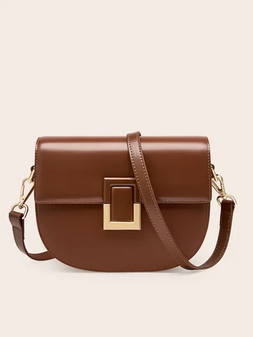 Women's Genuine Leather Saddle Crossbody Bag Luxury Cowhide Shoulder Bag With Square Metal Lock Retro Fashion Satchel For Ladies