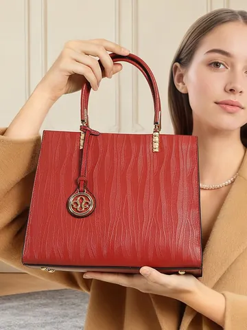 Bolso de Mano de Cuero Genuino para Mujer Vintage Relieve de Ondas Bolso Tote de Gran Capacidad Herrajes Dorados Bolso de Hombro para Oficina Con Colgante Circular