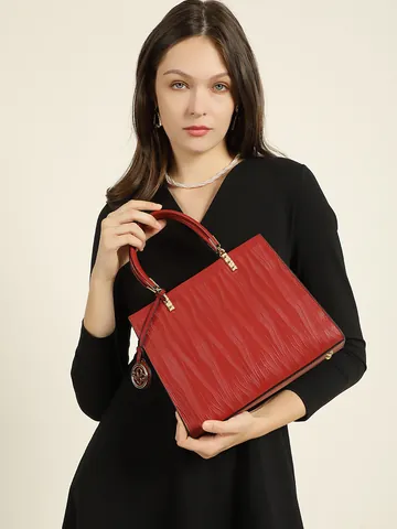 Bolso de Mano de Cuero Genuino para Mujer Vintage Relieve de Ondas Bolso Tote de Gran Capacidad Herrajes Dorados Bolso de Hombro para Oficina Con Colgante Circular