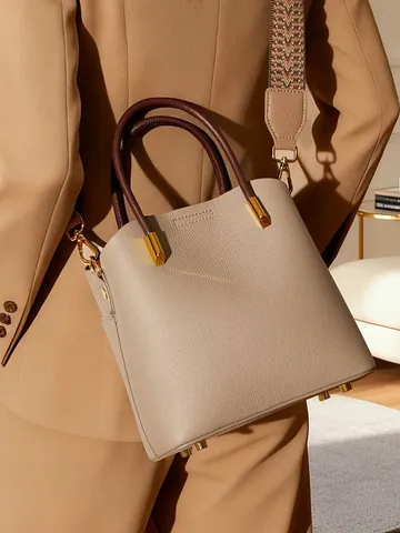 Borsa a Secchiello in Vera Pelle di Vacchetta di Primo Strato per Donna Manico a Contrasto Tracolla Borsa a Mano con Tracolla in Tessuto