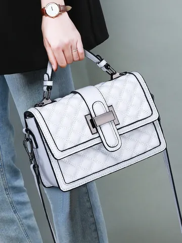 Damen Crossbody-Tasche Aus Echtem Leder Mit Rautensteppung Mode Vintage Quadratische Umhängetasche Handtasche Mit Metallschnalle