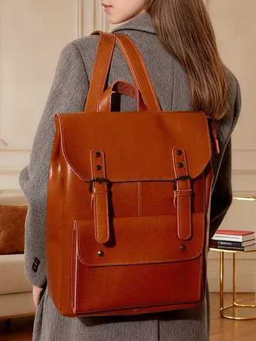 Sac à Dos en Cuir Véritable pour Femme Vintage Grande Capacité Style Britannique Preppy Sac d'Ordinateur Décontracté Voyage