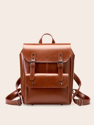 Sac à Dos en Cuir Véritable pour Femme Vintage Grande Capacité Style Britannique Preppy Sac d'Ordinateur Décontracté Voyage