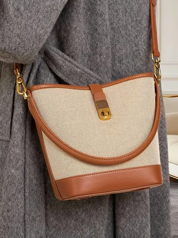 Borsa a Secchiello Retro Donna in Vera Pelle e Tela Patchwork Minimalista Borsa a Tracolla Con Serratura in Metallo