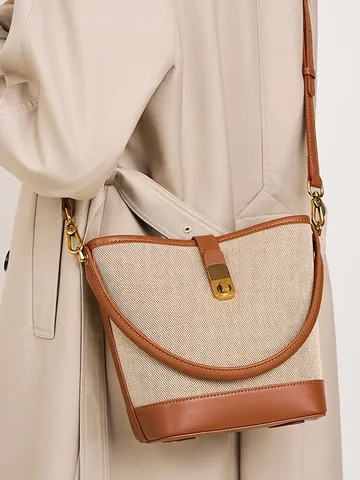 Borsa a Secchiello Retro Donna in Vera Pelle e Tela Patchwork Minimalista Borsa a Tracolla Con Serratura in Metallo