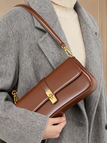 Genuine Leather Baguette Underarm Bag For Women Vintage Minimalist Cowhide Shoulder Bag Golden Lock Fashion Handbag