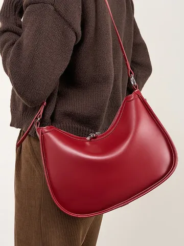 Women Vintage Minimalist Genuine Leather Underarm Bag Fashion Crescent Hobo Bag Solid Color Cowhide Shoulder Bag Handbag