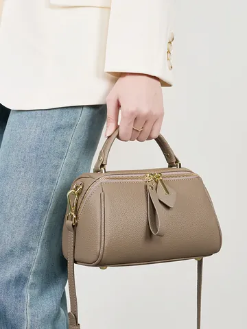 Vintage Genuine Leather Boston Bag For Women Top Layer Cowhide Lychee Pattern Shoulder Crossbody Bag Versatile Top Handle Bag
